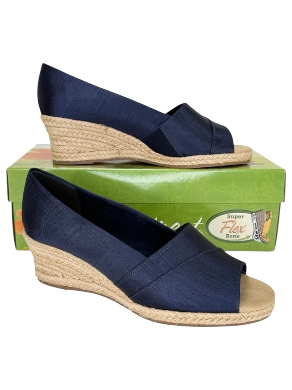 Easy Street Jasper Navy Thai Silk Open Toe Womens Wedges Size 7XW